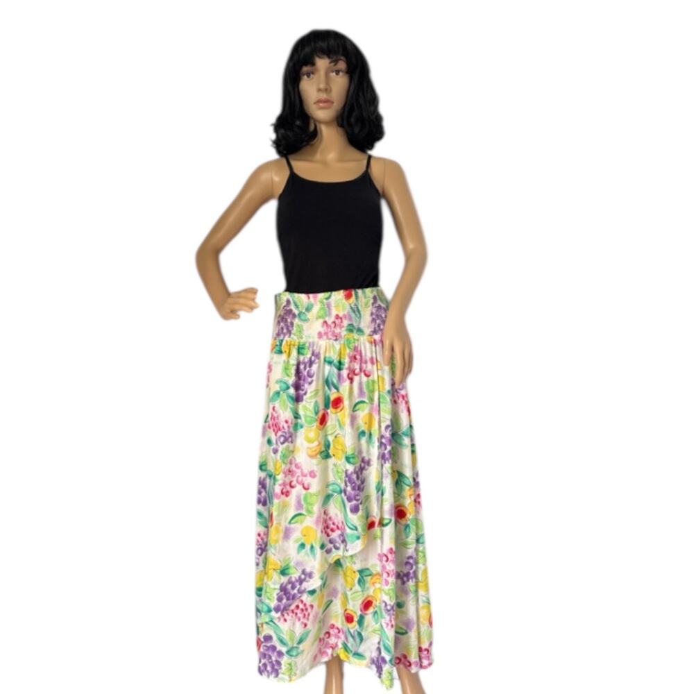Vintage unbranded Floral fruit wrap smocked waistband midi skirt medium